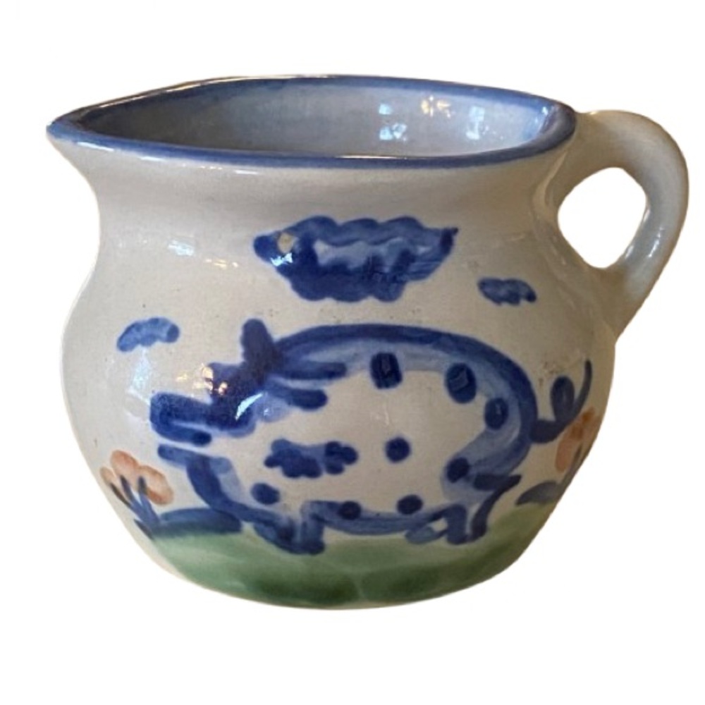 M.A. Hadley Pottery Mini Pitcher Creamer w/ Blue Pig Vintage Whimsical Farmhouse